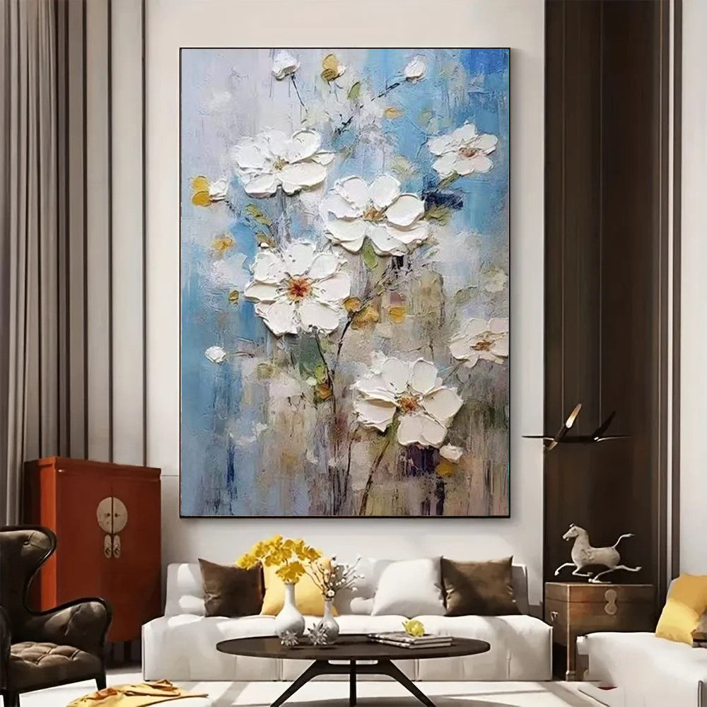 Thick Texture White Floral Oil Painting