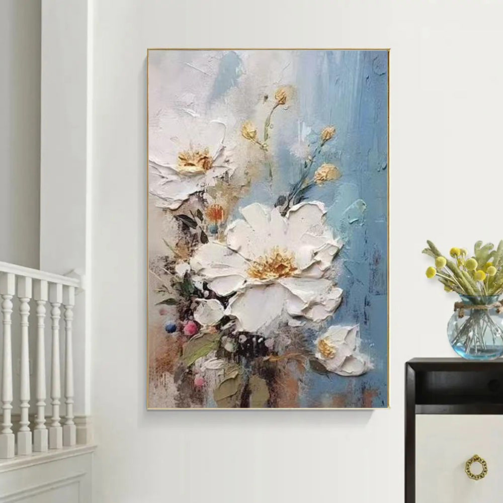 Thick Texture White Floral Oil Painting