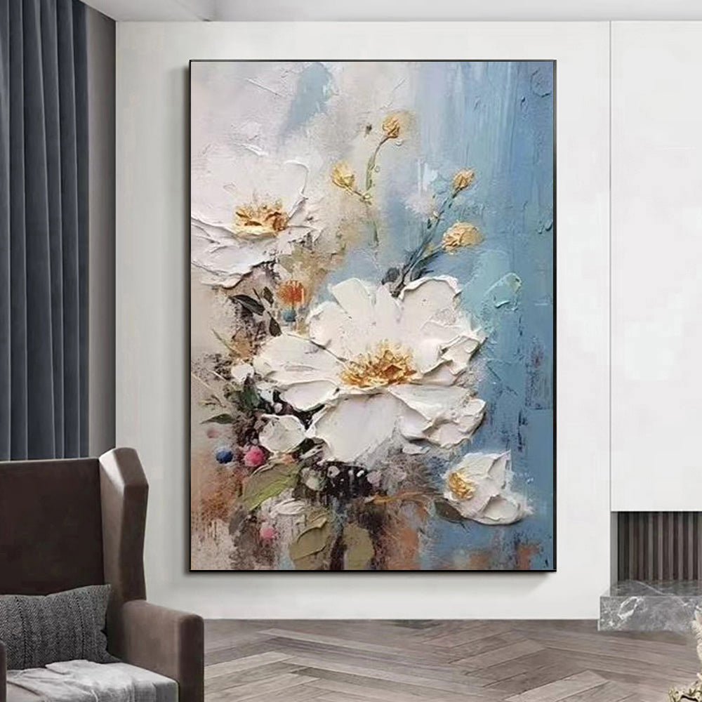 Thick Texture White Floral Oil Painting