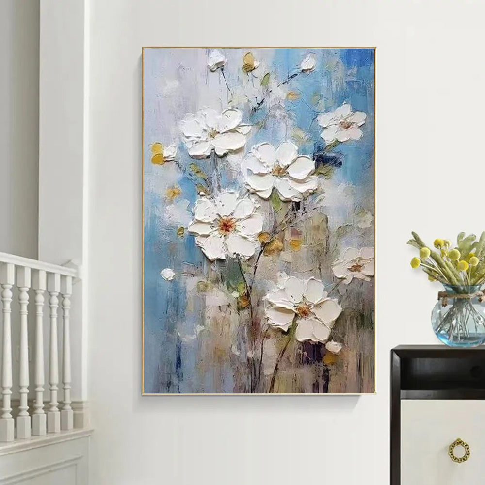 Thick Texture White Floral Oil Painting
