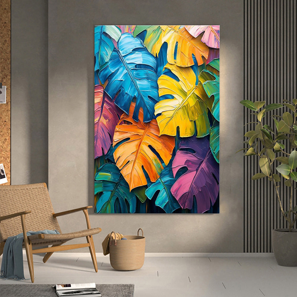 Colorful Monstera Leaf Oil Painting