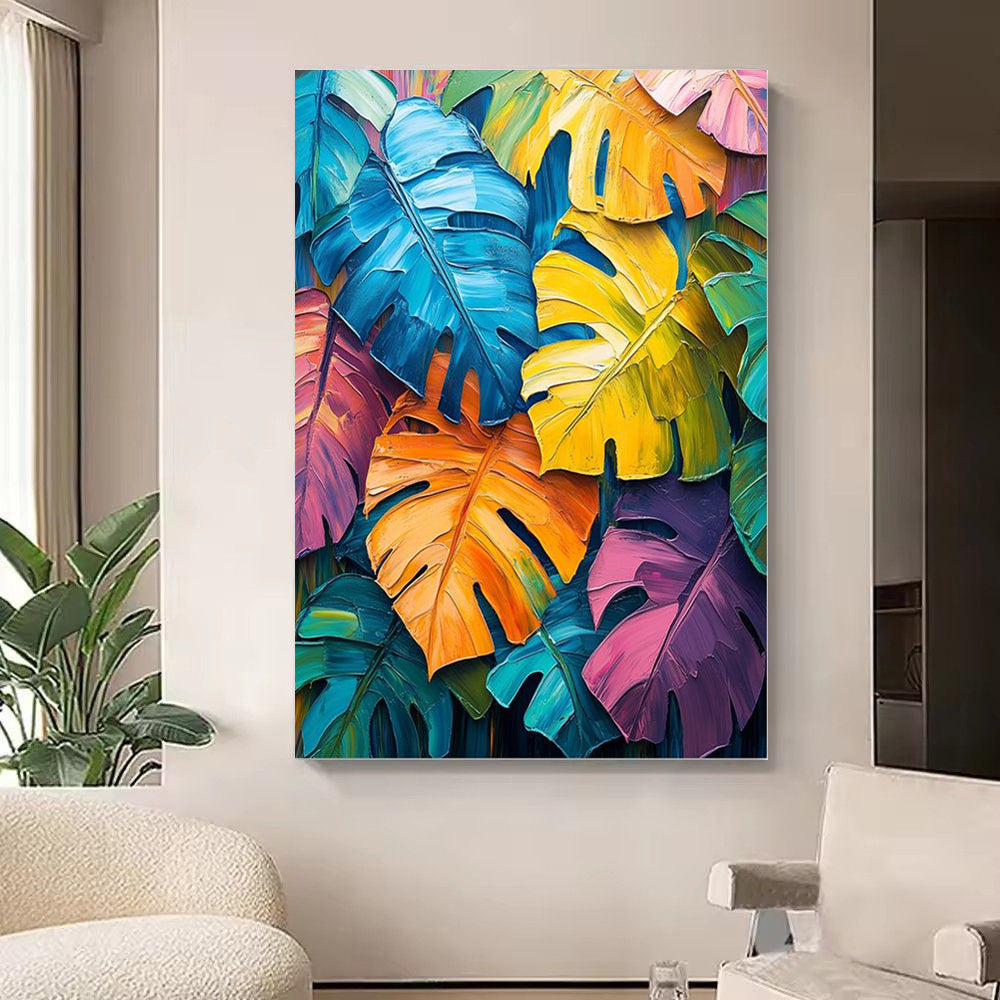 Colorful Monstera Leaf Oil Painting