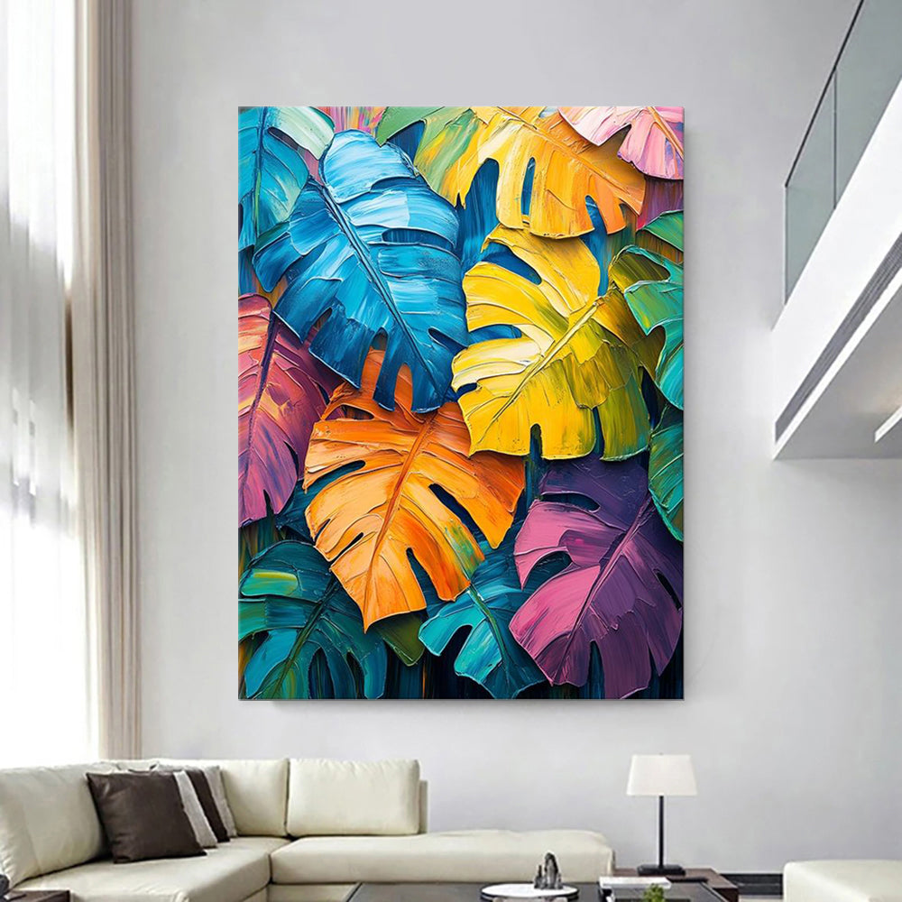 Colorful Monstera Leaf Oil Painting