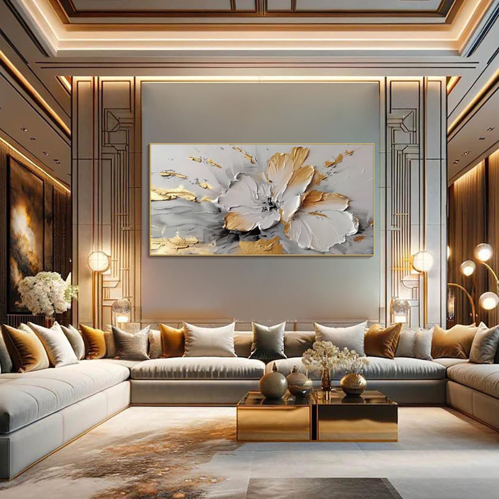 Golden White Floral Oil Painting