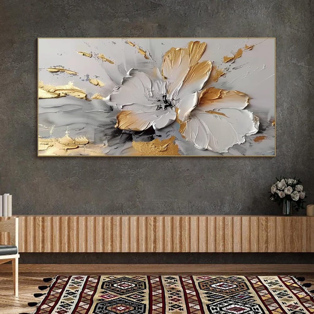Golden White Floral Oil Painting