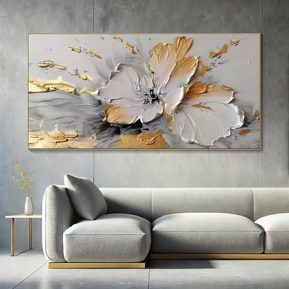Golden White Floral Oil Painting