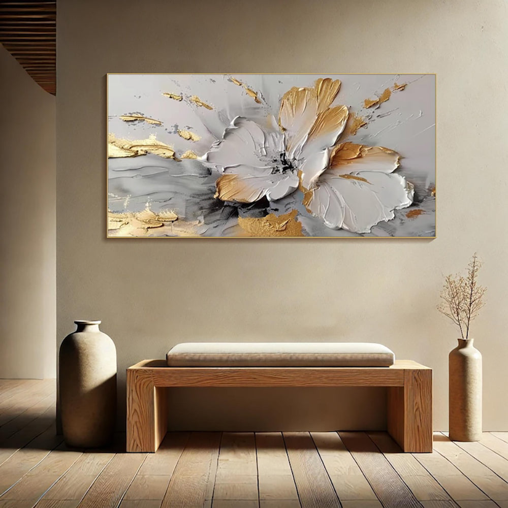 Golden White Floral Oil Painting
